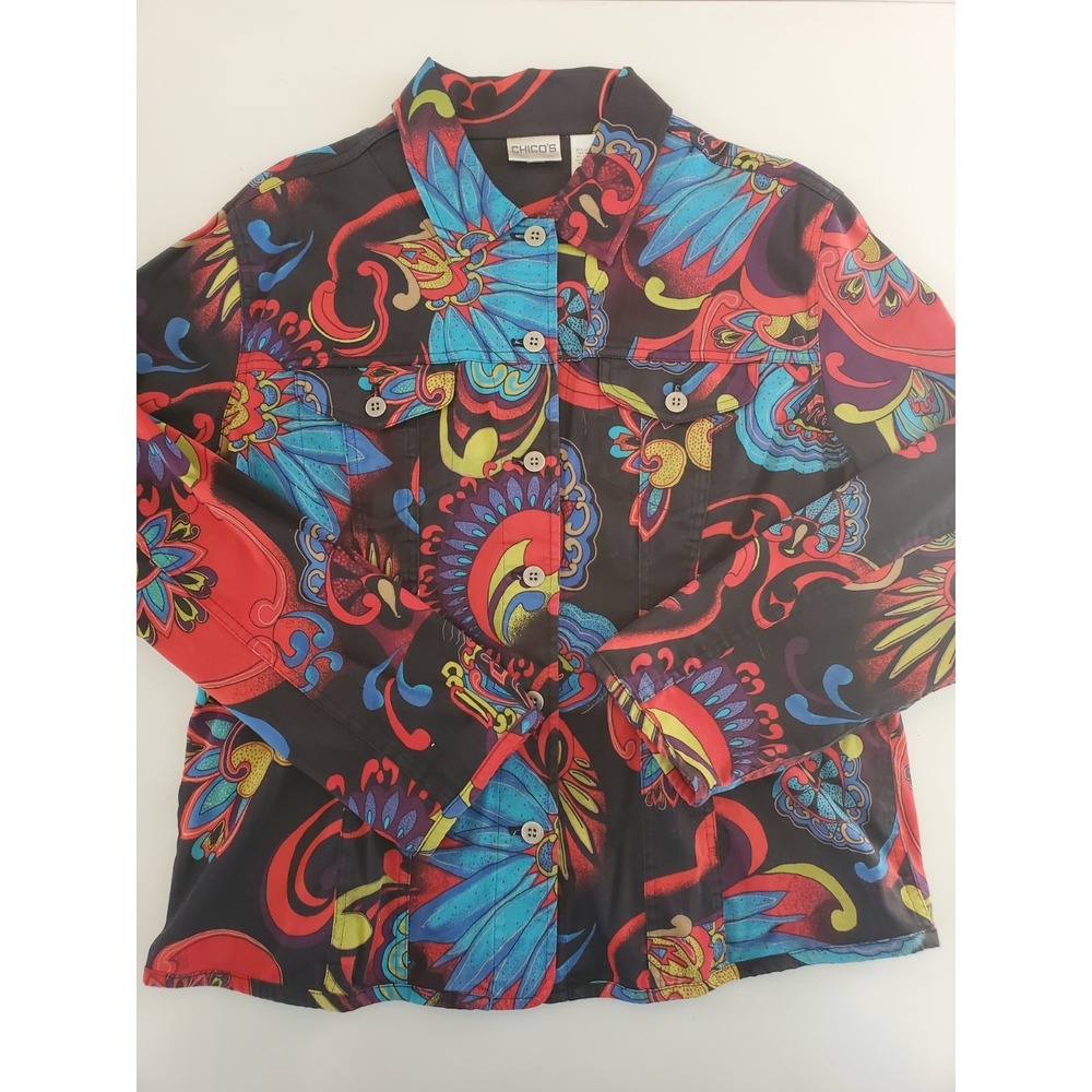 Chicos Psychedelic Floral Button Front Jacket Black Red Blue Size 2 Large